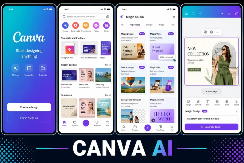 Canva AI app interface showing Magic Studio tools and design features on mobile 2026