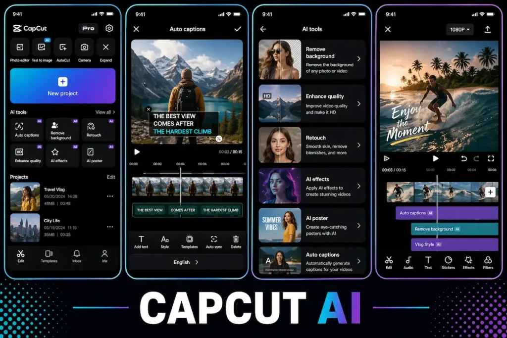 CapCut AI video editor app interface showing auto captions and editing tools