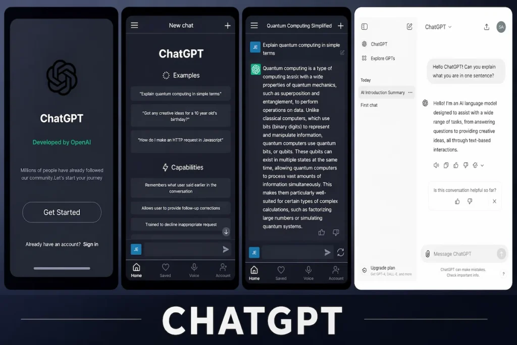 ChatGPT mobile app interface screenshots showing AI chat, examples and features 2026
