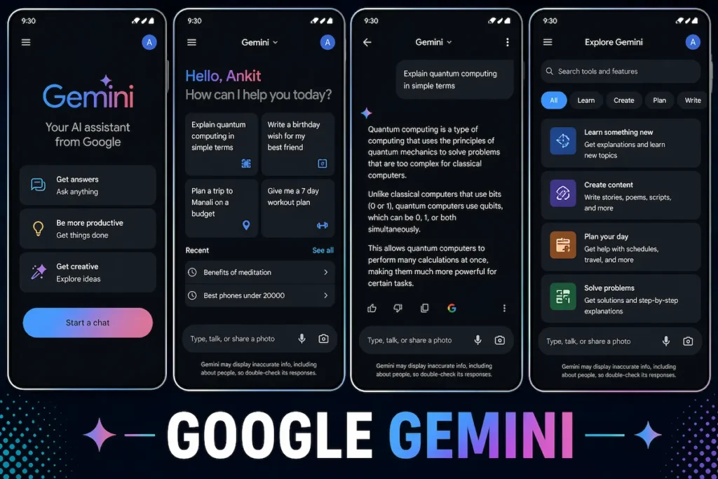 Google Gemini AI assistant app interface showing chat, tools and features on Android