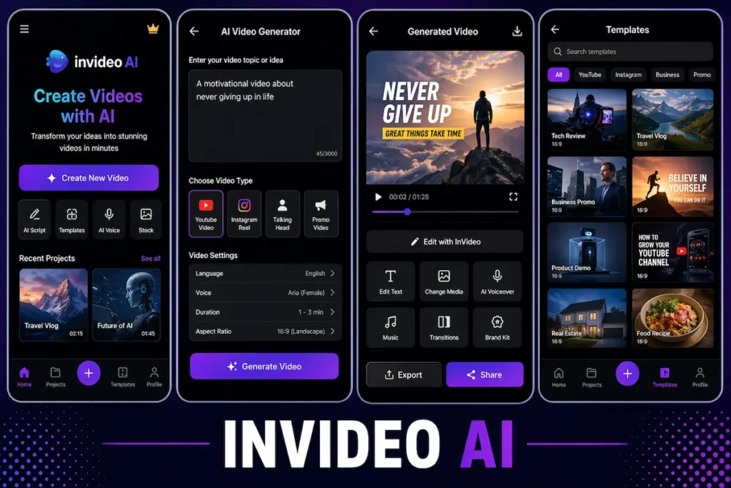 InVideo AI app screens showing video generator, templates and editing features 2026