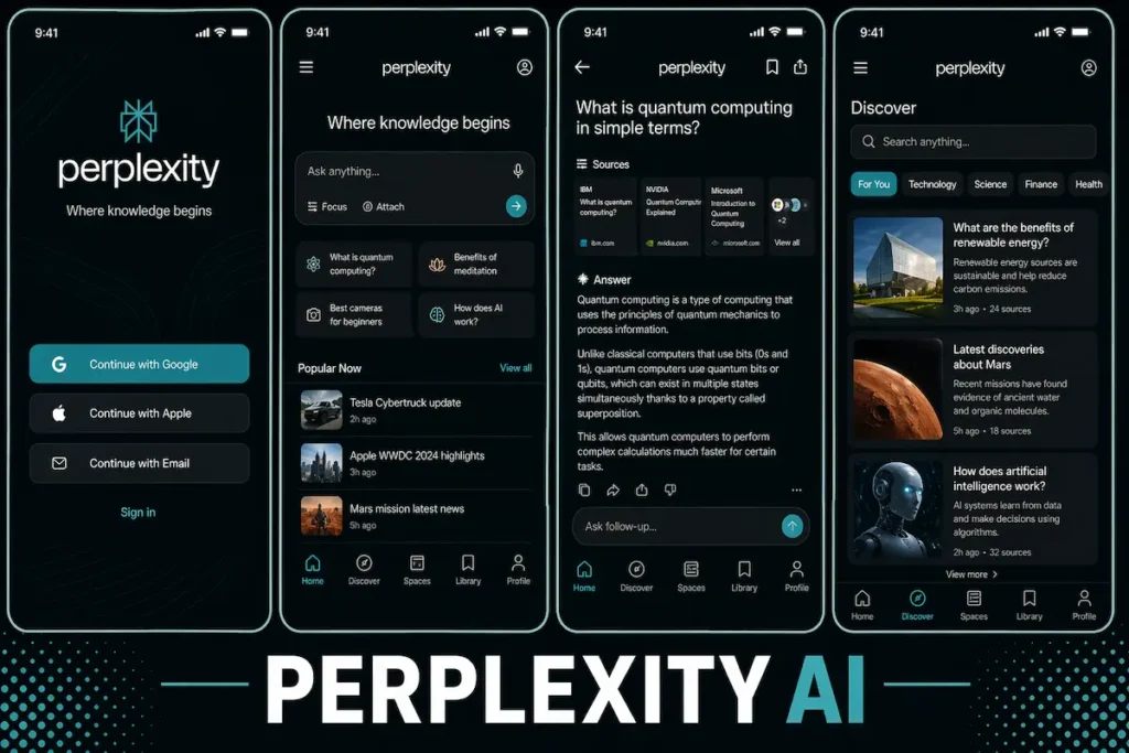Perplexity AI search app interface showing research answers and knowledge tools