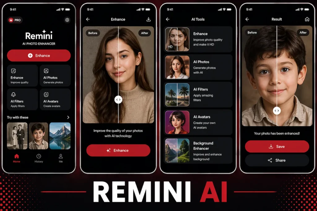Remini AI photo enhancer app showing before and after image enhancement results